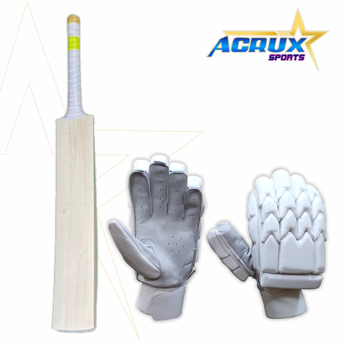English Willow Bat With Massive 45mm++ Edges + Cricket Batting Gloves SW-05 Combo - Acrux Sports