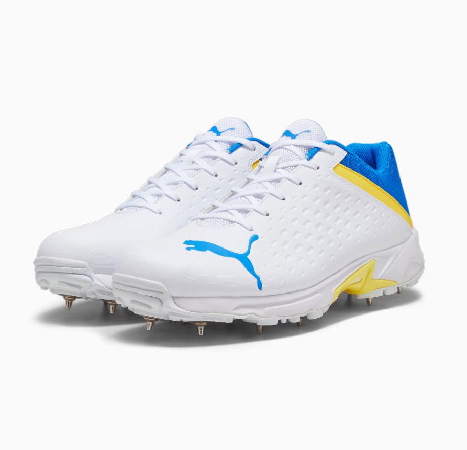Puma 22.2 Cricket Shoes With Steel Spikes - White/Yellow - Acrux Sports