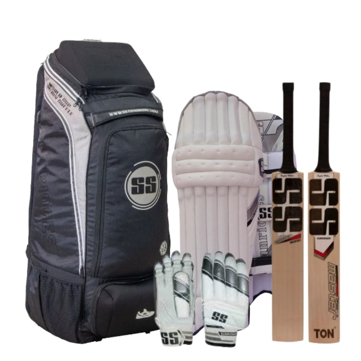 SS Master 5000 English Willow Cricket Bat + SS Test Players Batting Pads + SS Test Players Batting Gloves + SS Worldcup Duffle - Acrux Sports