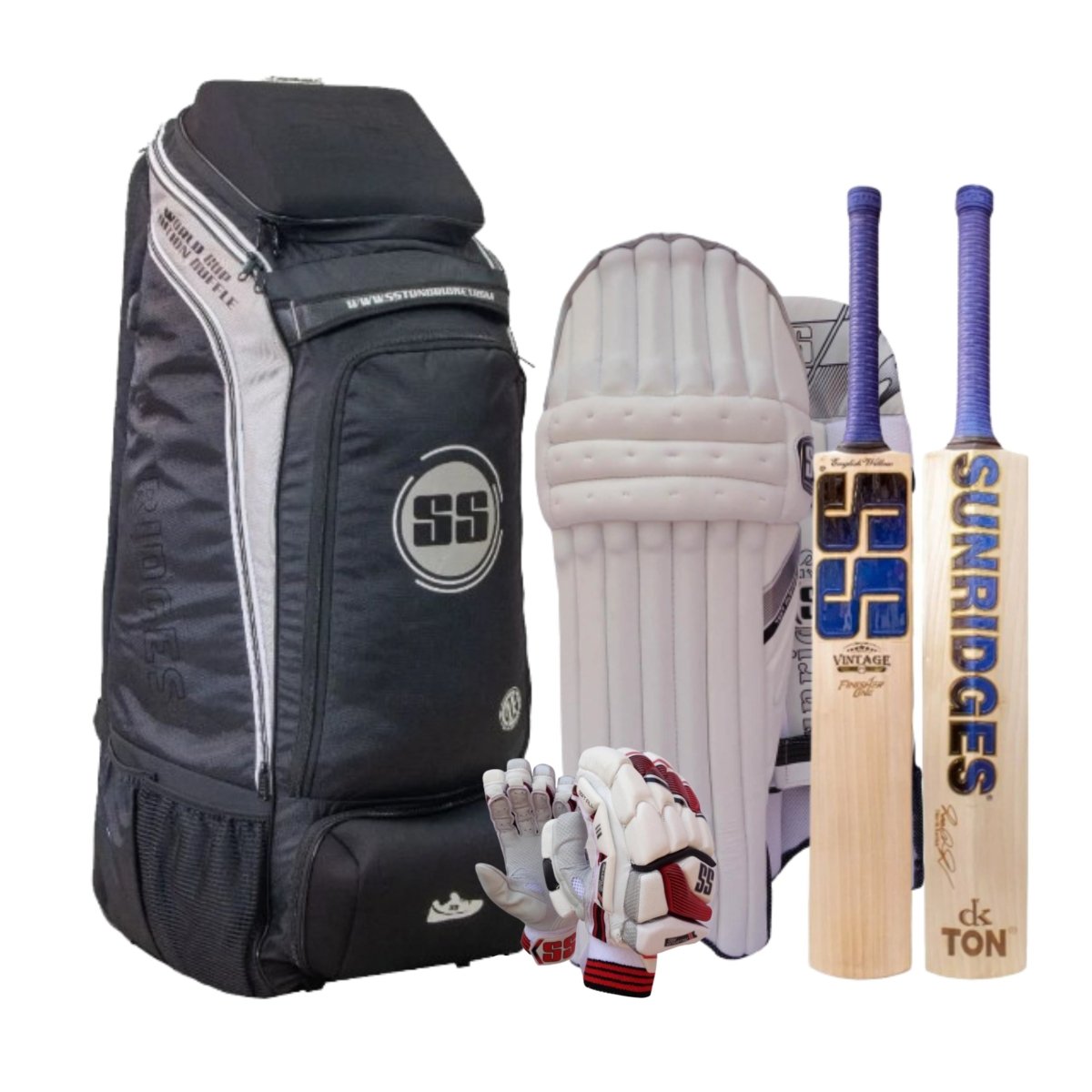 SS Vintage Finisher One English Willow Bat + SS Test Player Batting Pads + SS Millenium Pro Batting Gloves + SS Worldcup Duffle - Acrux Sports