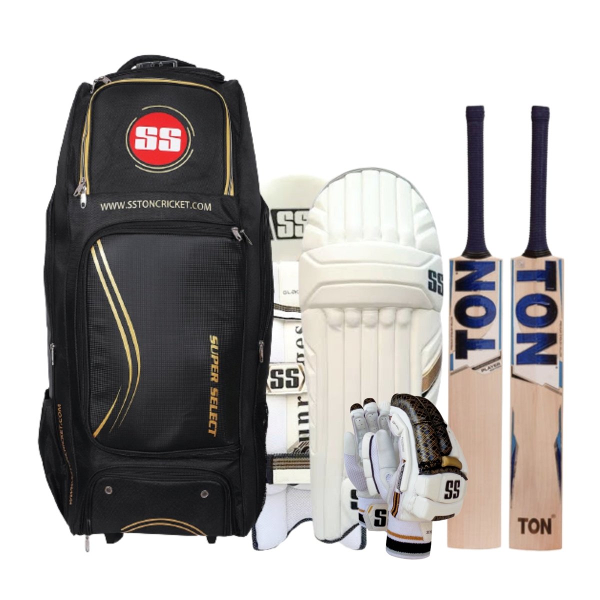 TON Player Edition English Willow Cricket Bat + SS Gladiator Batting Pads + SS Gladiator Batting Gloves + SS Super Select Duffle - Acrux Sports