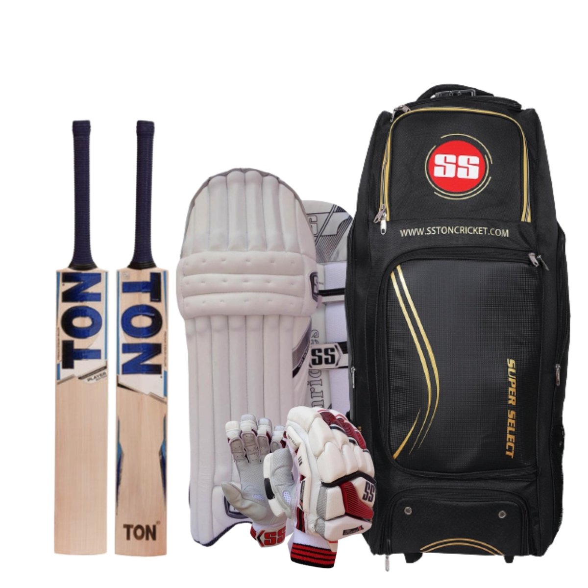 TON Player Edition English Willow Cricket Bat + SS Test Player Batting Pads + SS Millenium Pro Batting Gloves + SS Super Select Duffle - Acrux Sports